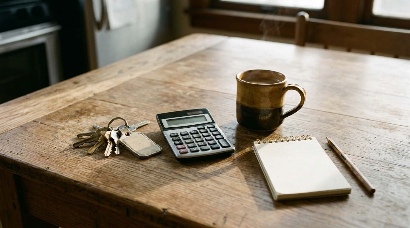 House keys, a calculator, a coffee mug and a notepad on a wooden kitchen table