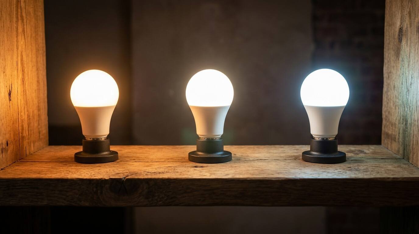 Three LED bulbs glowing in warm to cool shades