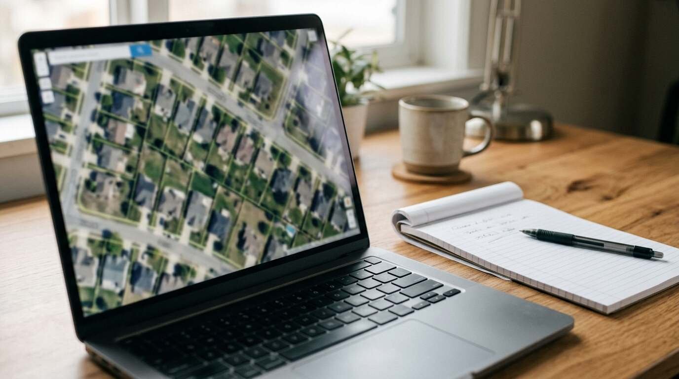 Laptop showing a blurred aerial map of suburban lots