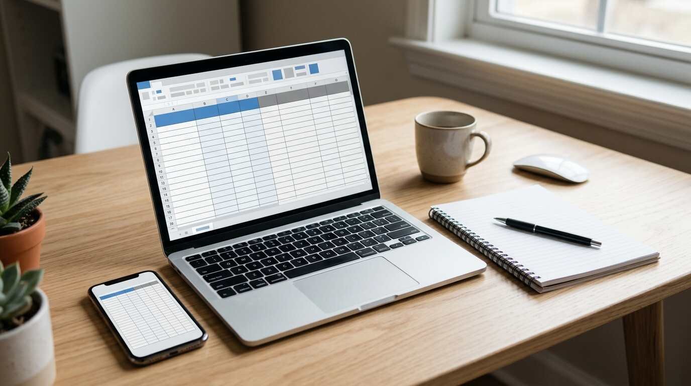 Laptop and phone on a desk with a blank loan comparison spreadsheet