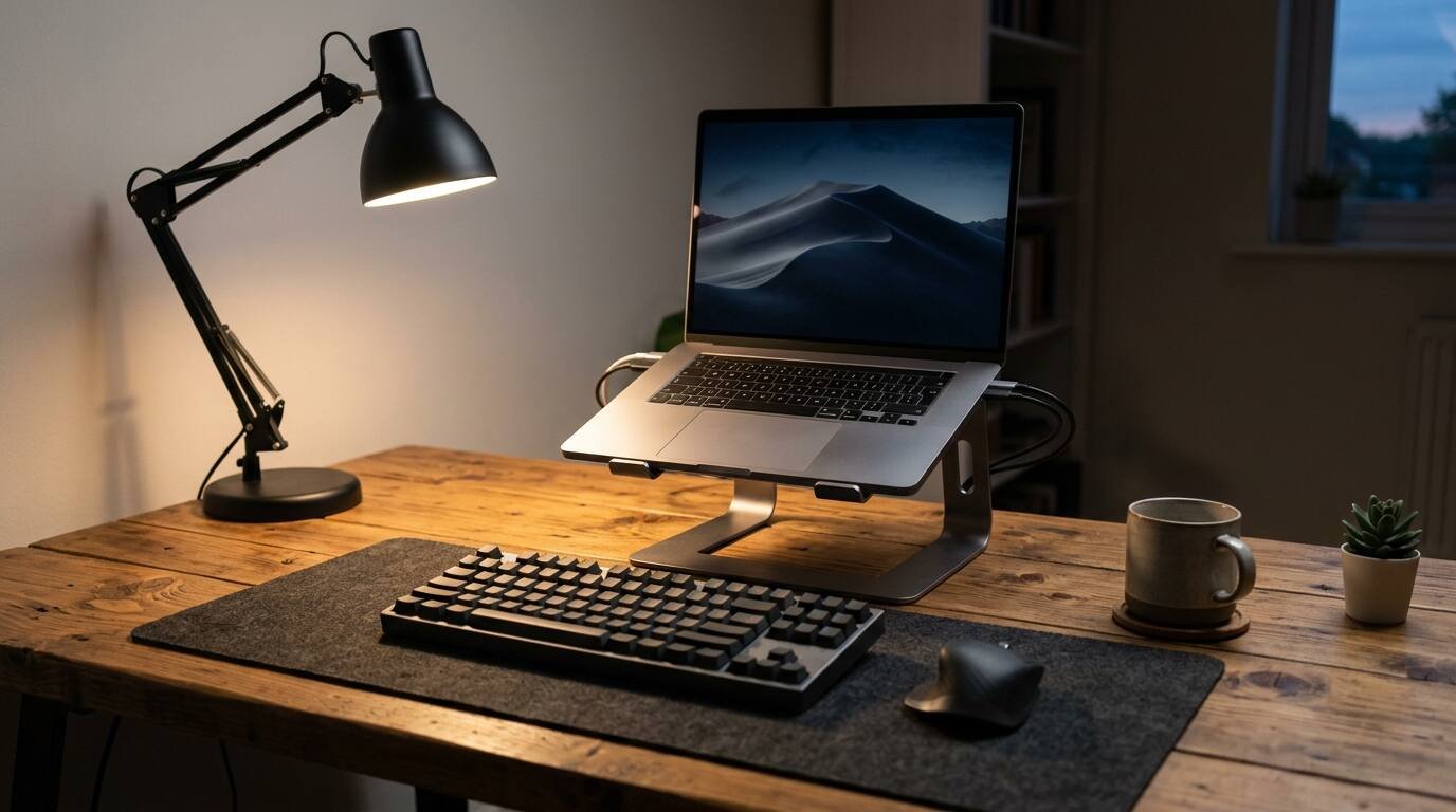 Laptop on a riser with keyboard and desk lamp