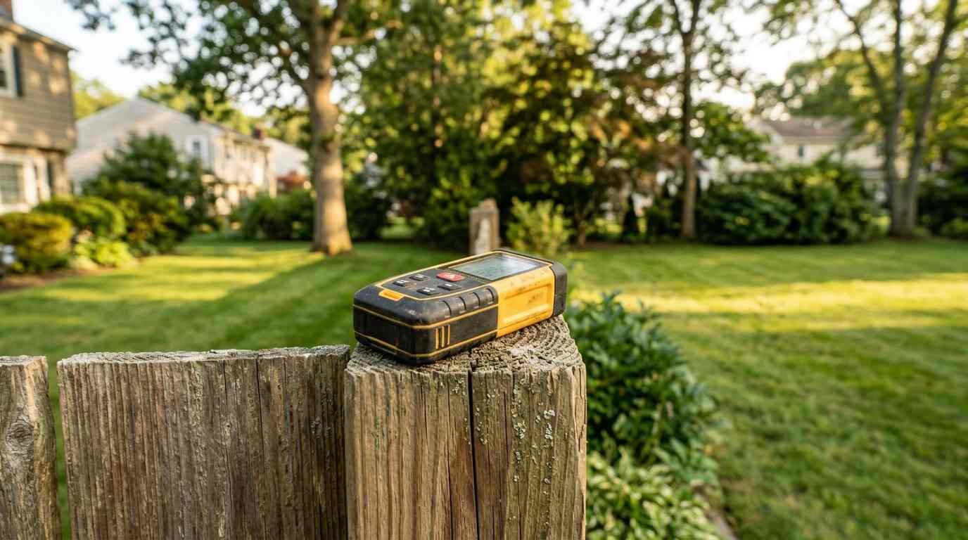 Laser measure on a fence post in a suburban backyard
