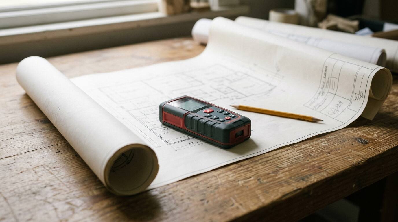 Laser distance measure on a rolled floor plan with a pencil