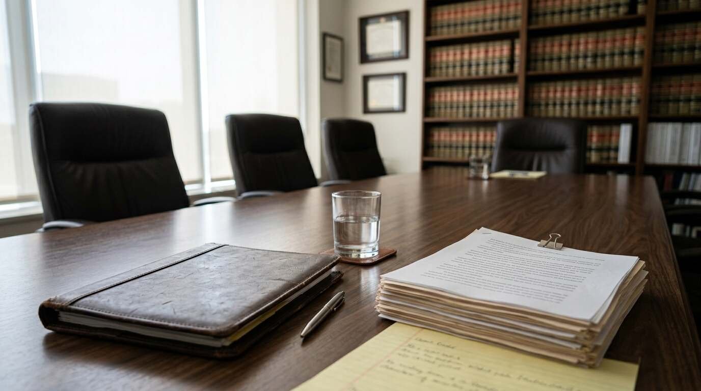 Law office conference table with a leather folder and papers