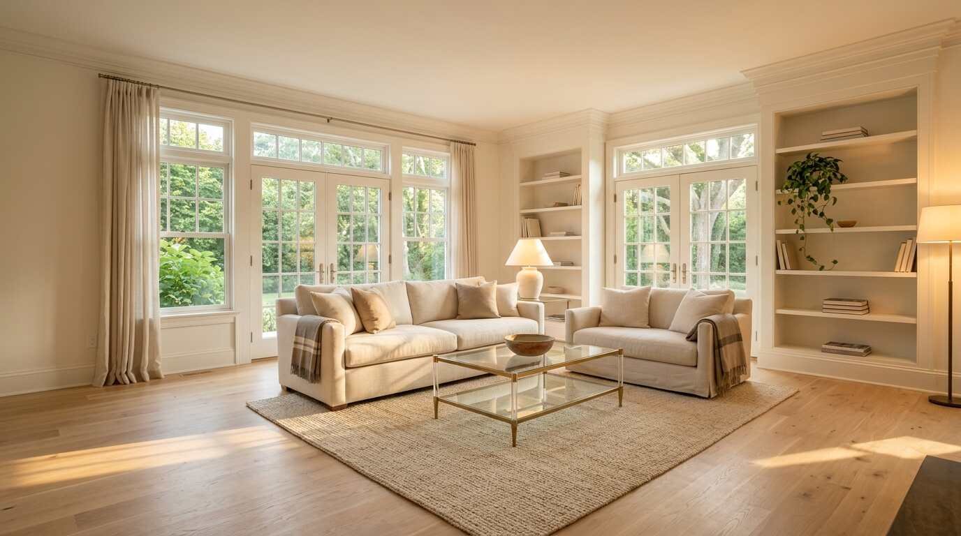Bright uncluttered living room staged for an open house