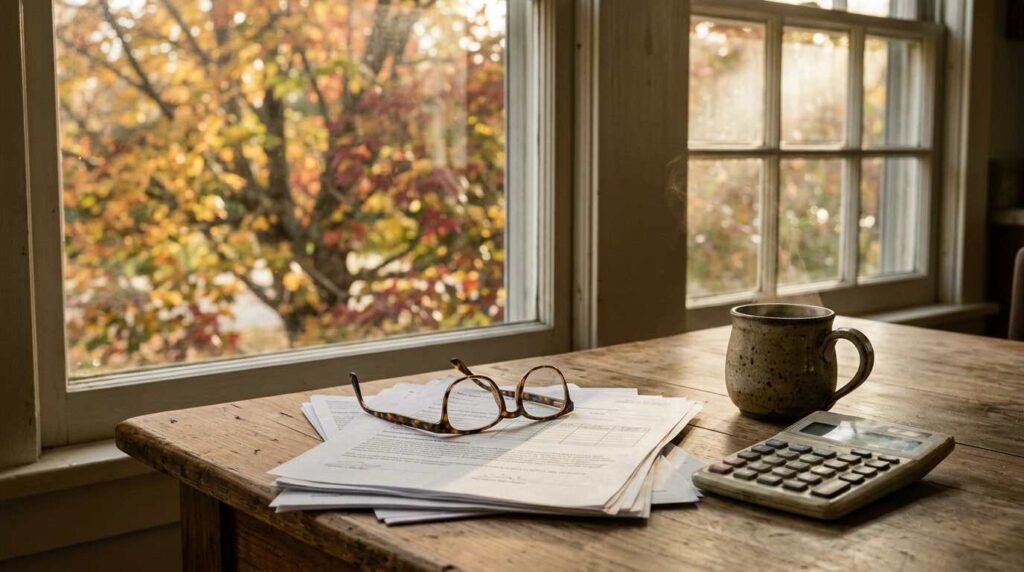 Loan paperwork, calculator and coffee mug on a kitchen table