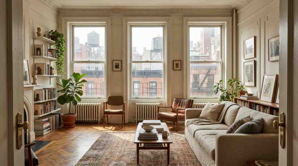 Sunlit prewar Manhattan apartment living room
