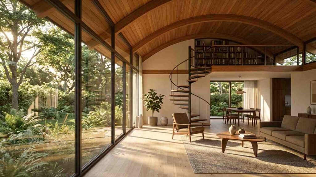 Midcentury modern living room with a wall of glass