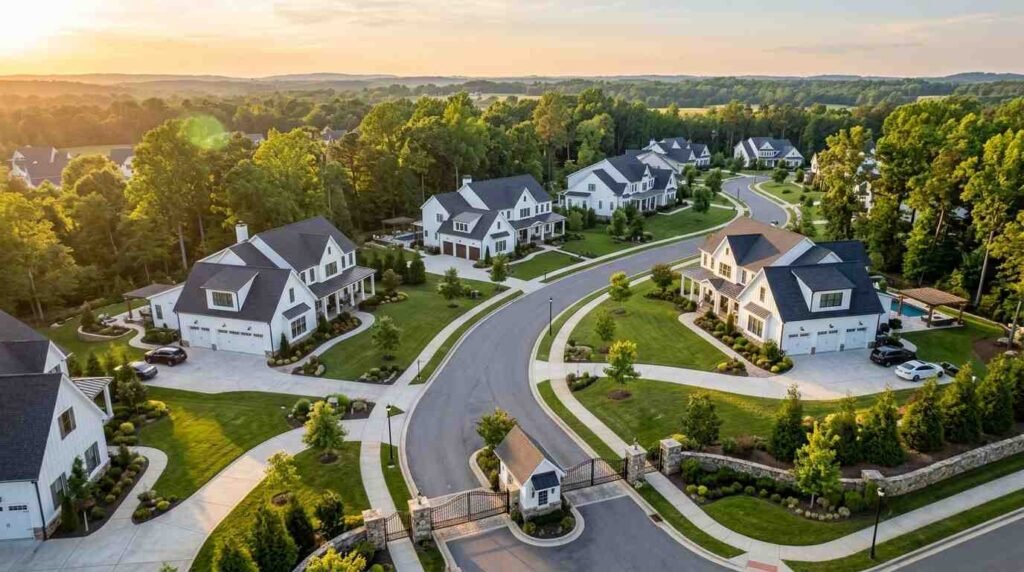 Aerial view of a modern farmhouse-style community