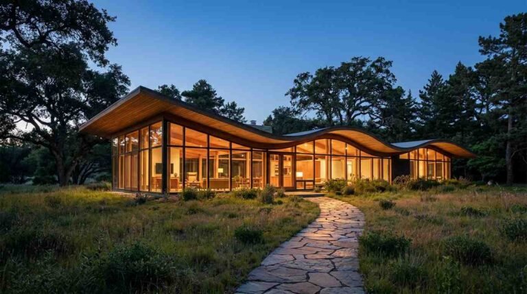 Modernist house at dusk