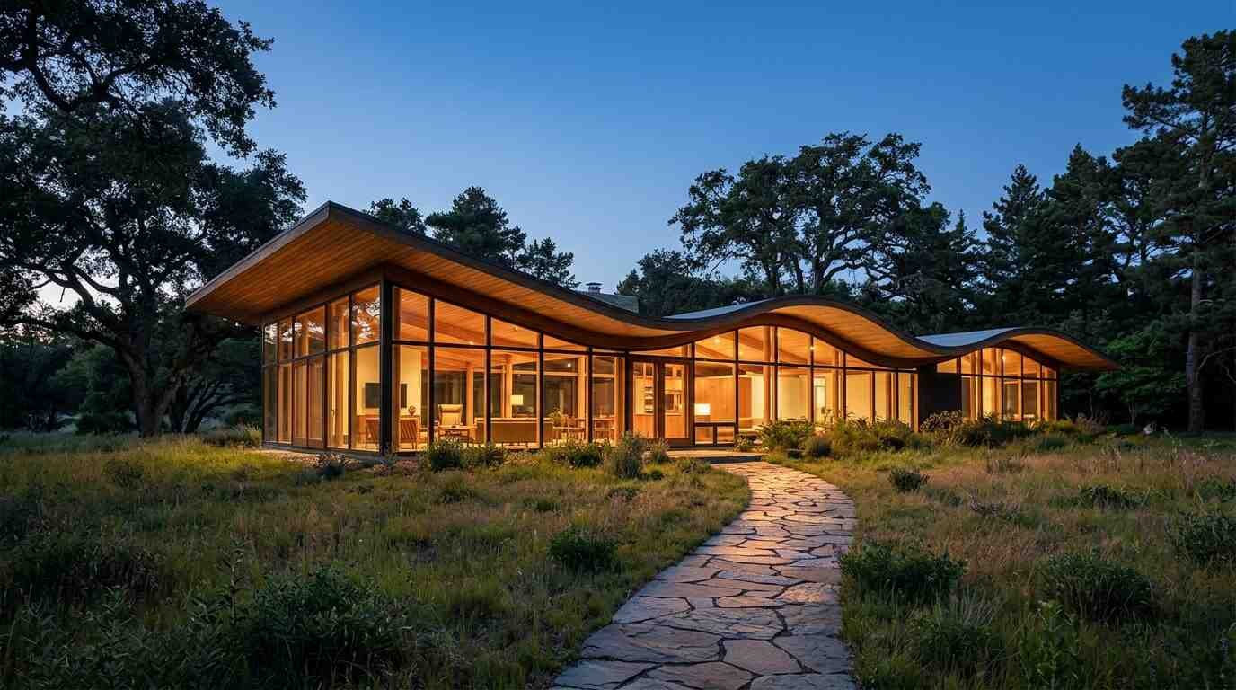 Modernist house at dusk