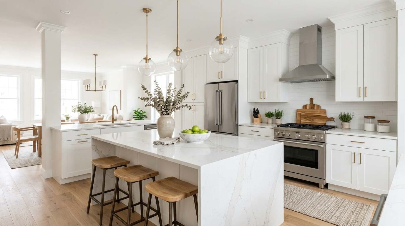A bright empty new-construction kitchen with white cabinets, a quartz island and pendant lights