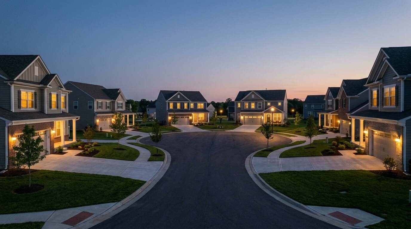 A quiet cul-de-sac of finished new two-story homes at dusk with warm lit windows