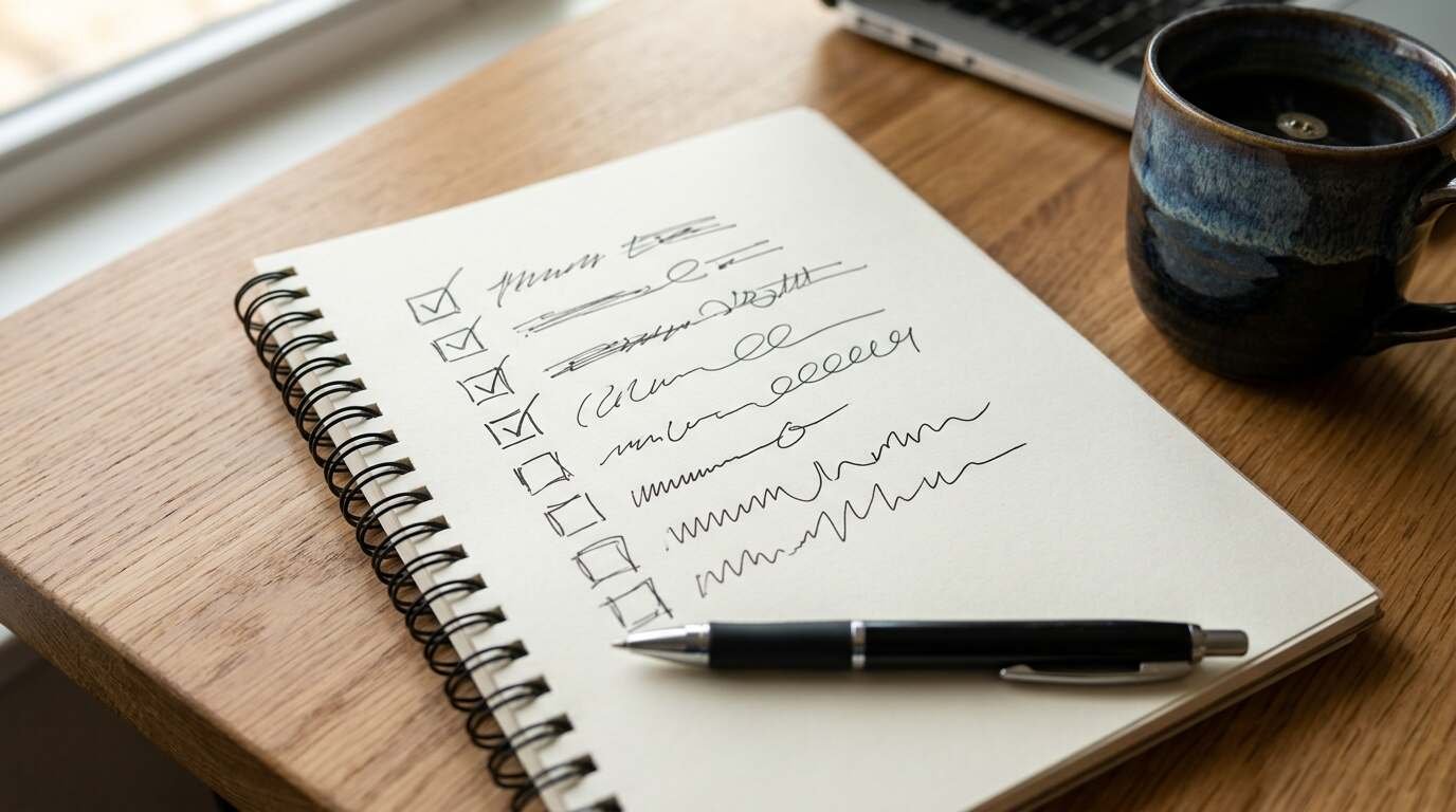 Notepad checklist with a pen beside a coffee mug