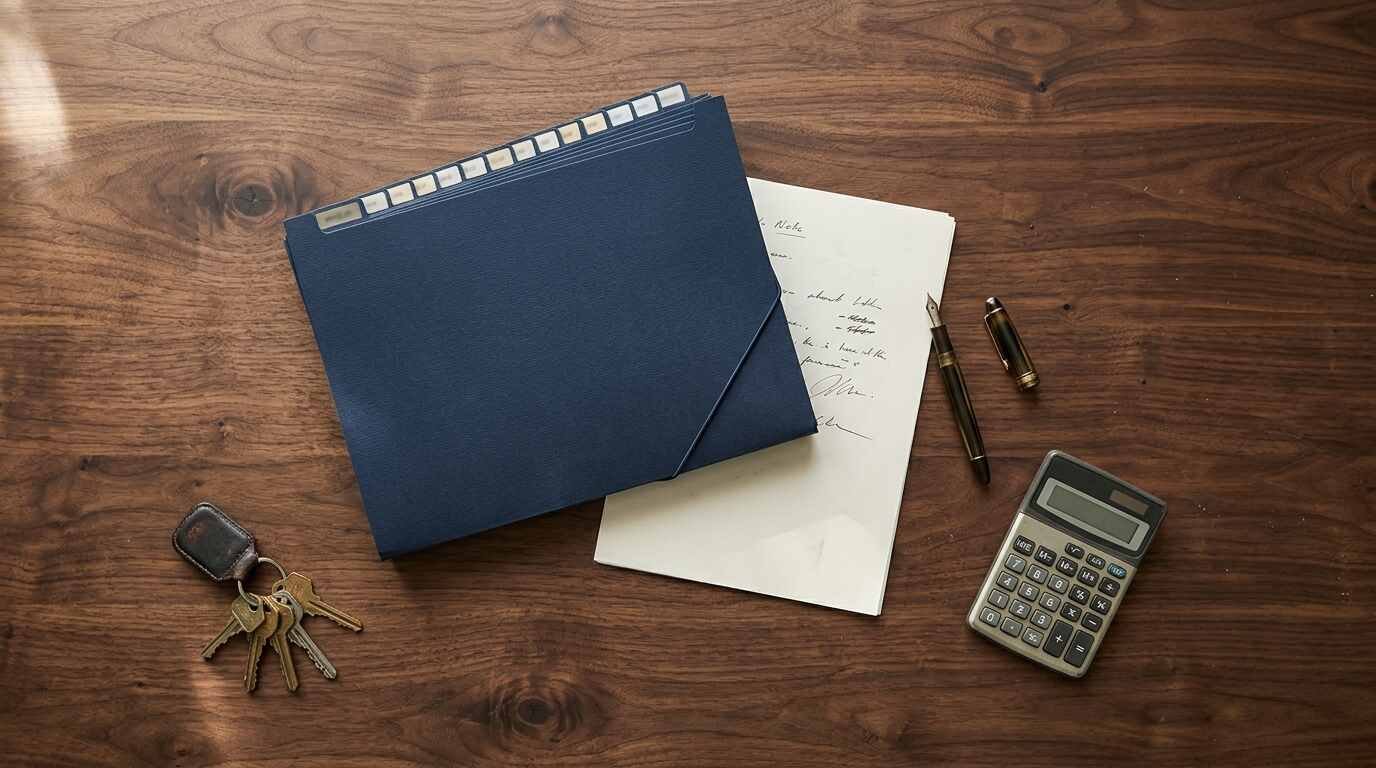 Accordion folder, keys, pen and calculator on a walnut desk