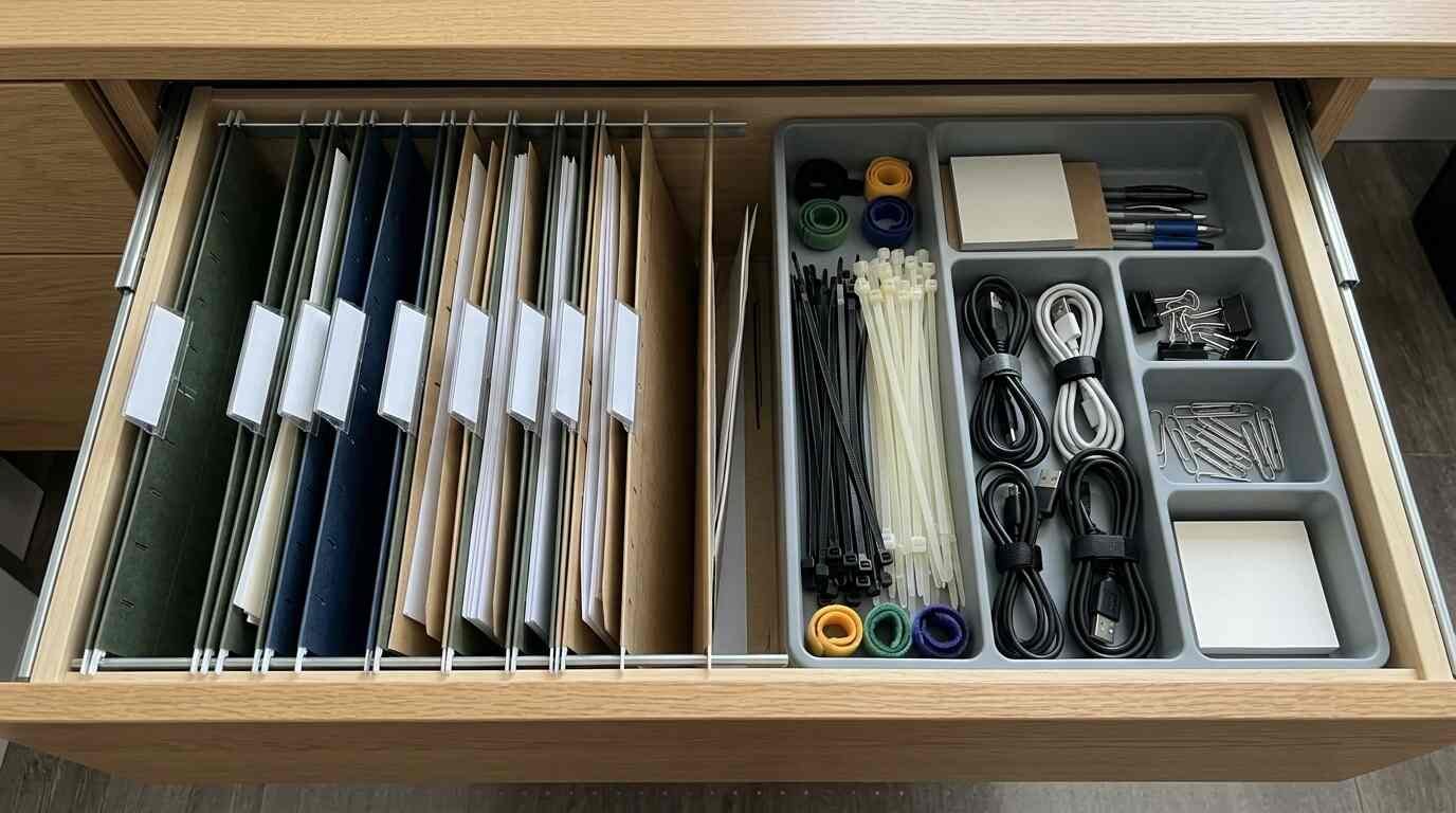 Organized desk drawer with files and cable ties