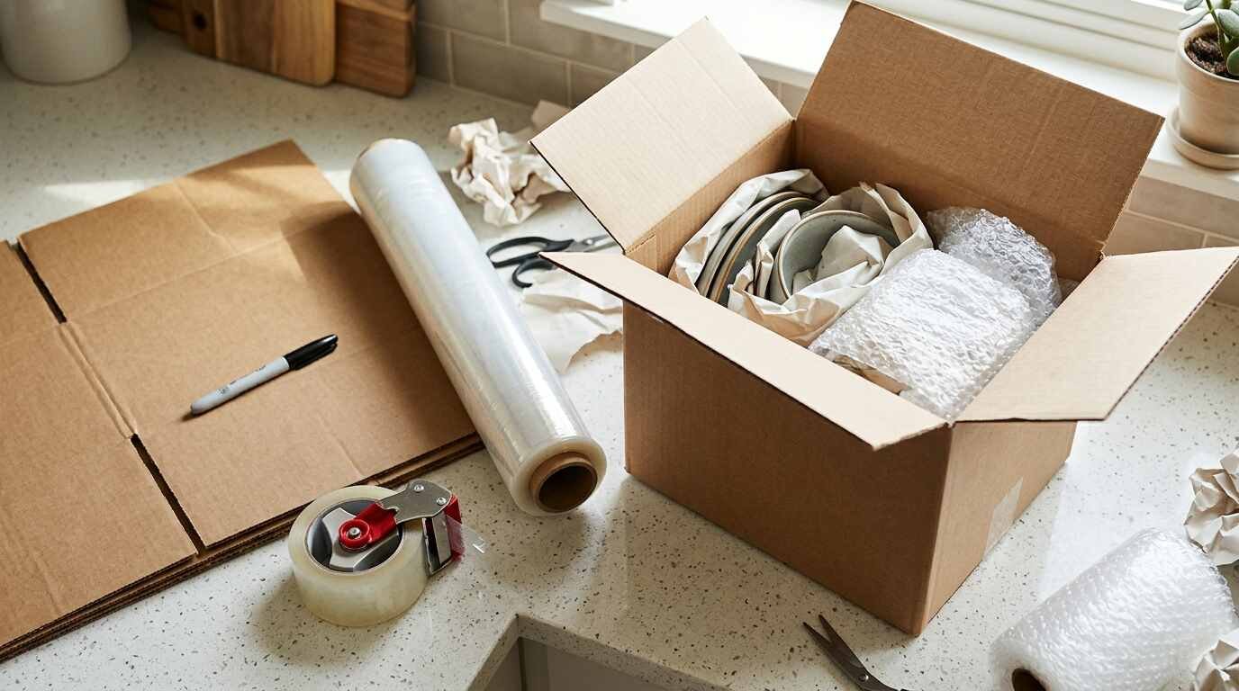 Packing dishes into a cardboard box on a kitchen counter with tape and marker