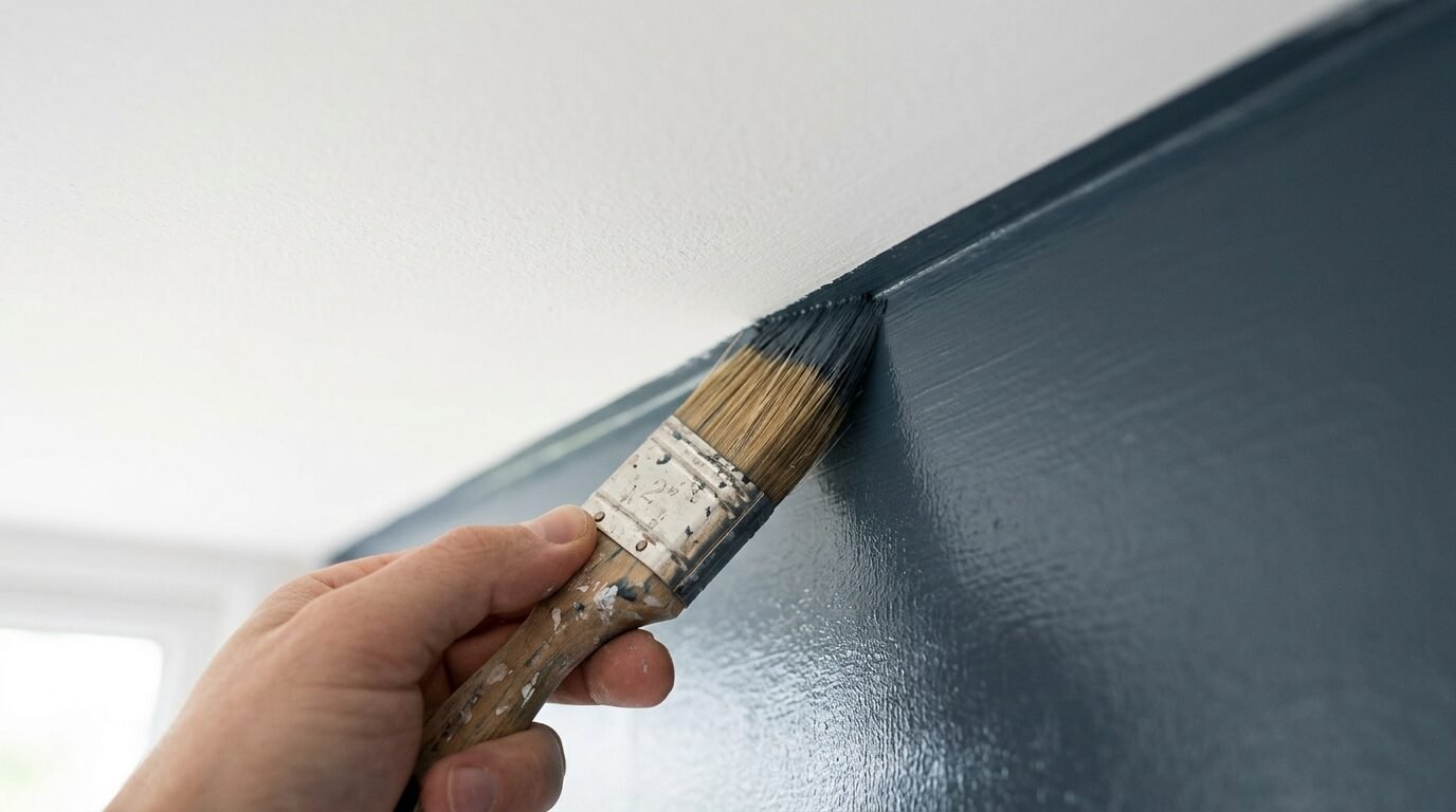 Angled brush cutting in along a ceiling edge
