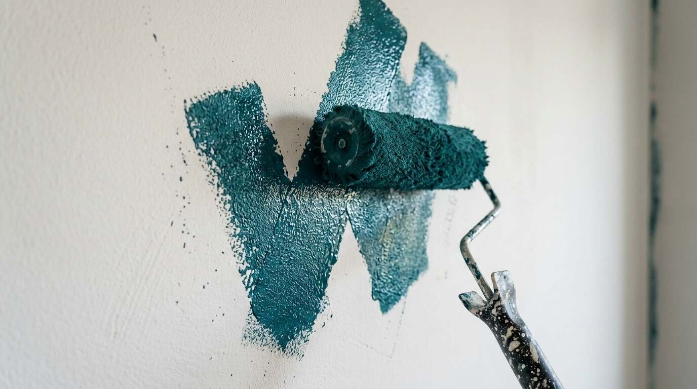 Roller applying paint to a wall in a zigzag pattern