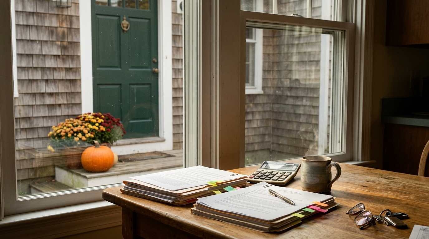 Closing paperwork, a calculator and a coffee mug on a wooden kitchen table beside a window