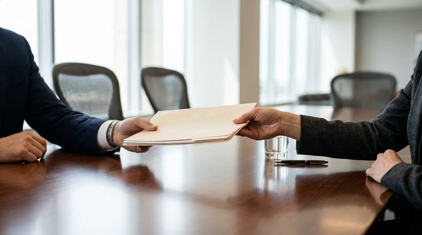 A contract folder passed across a conference table
