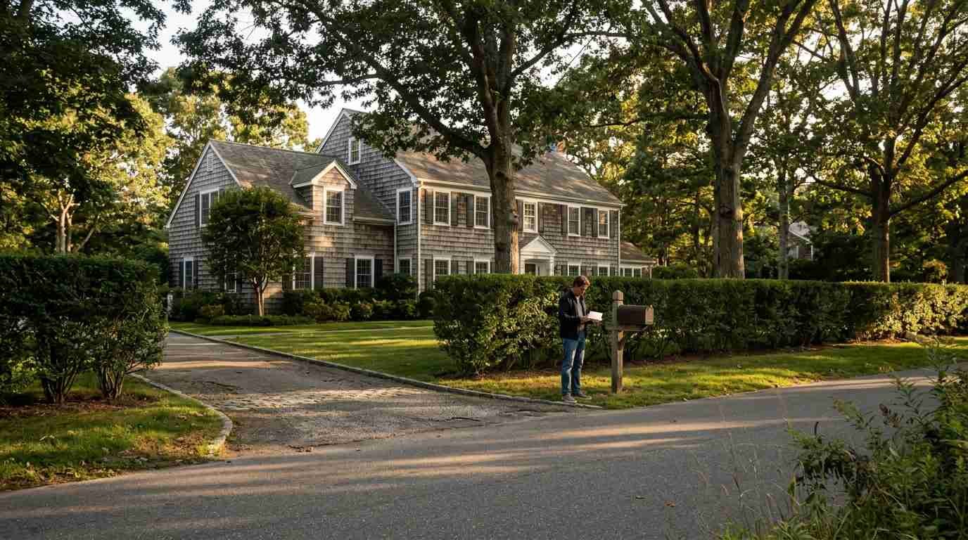 Person holding an envelope at a Long Island mailbox