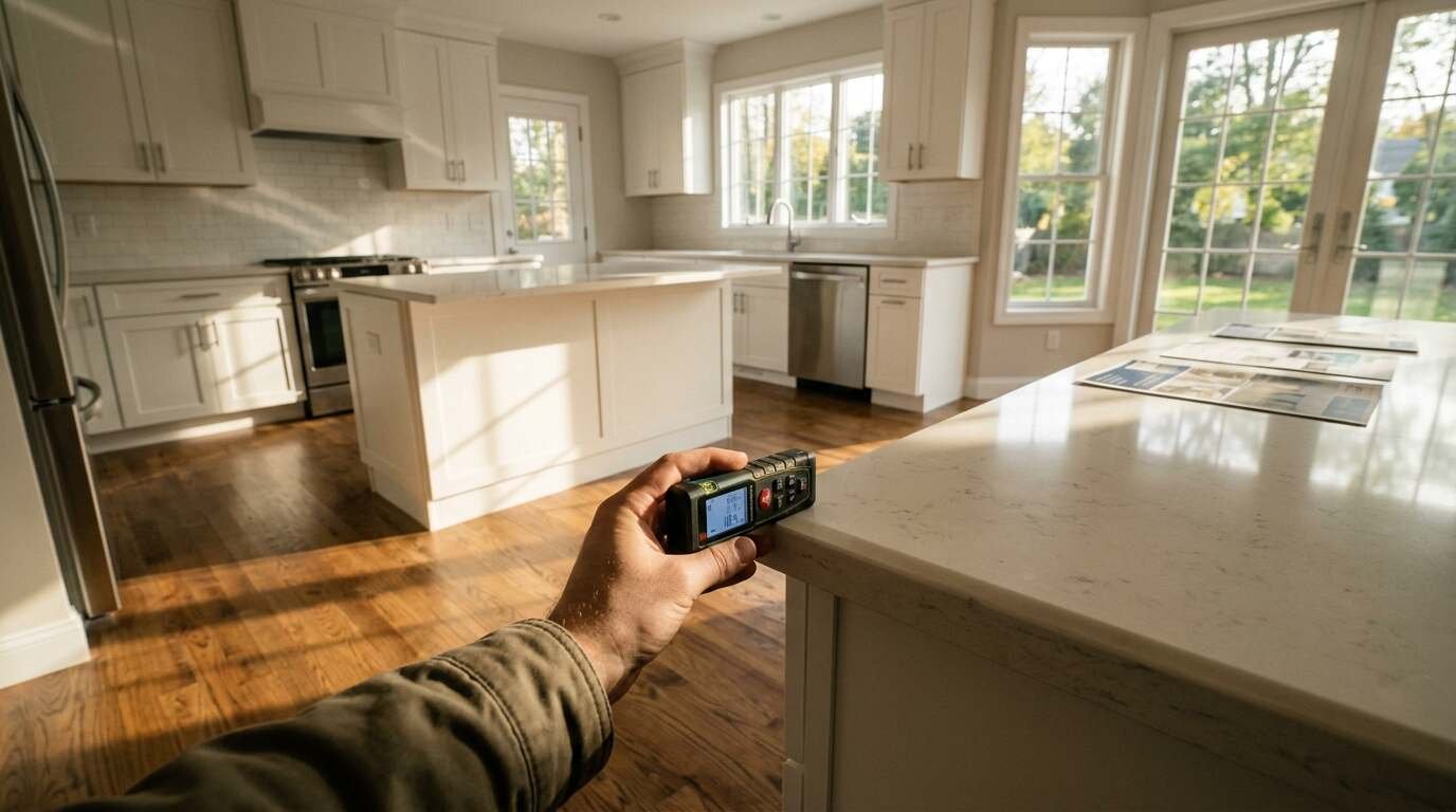 A hand measuring a kitchen counter with a laser measure