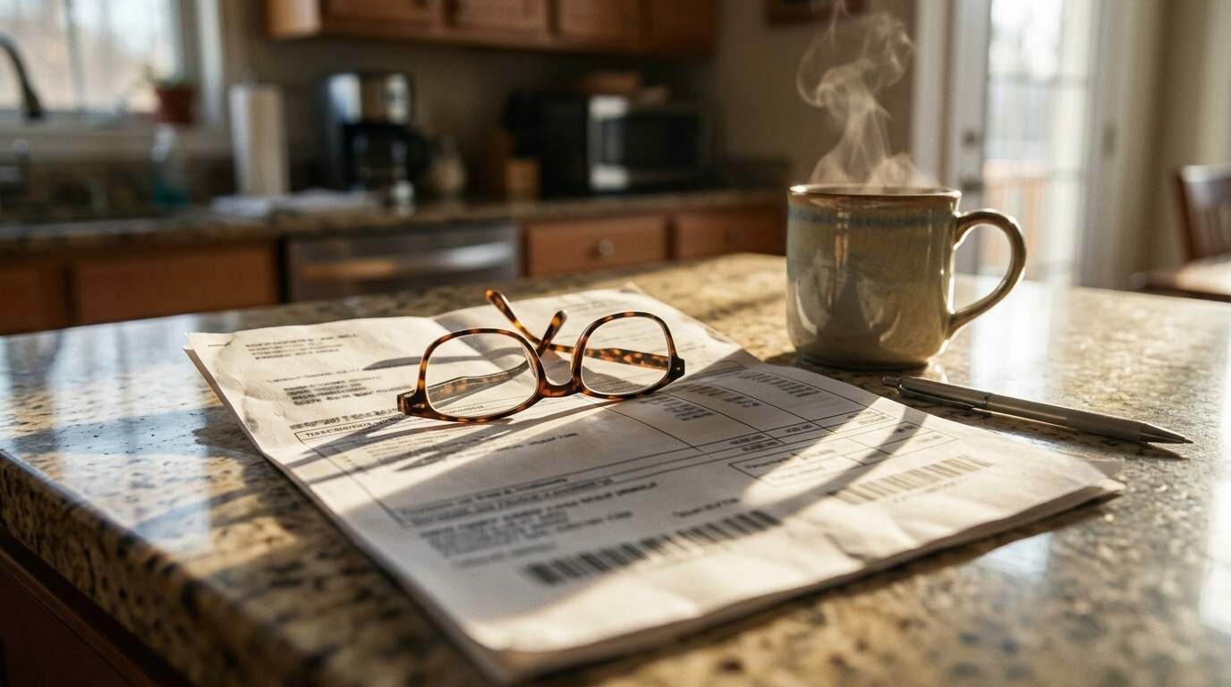 Property tax bill on a kitchen counter with reading glasses