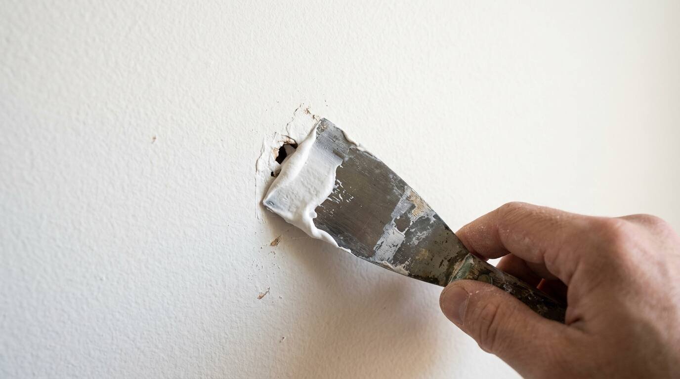Putty knife pressing spackle into a small wall hole