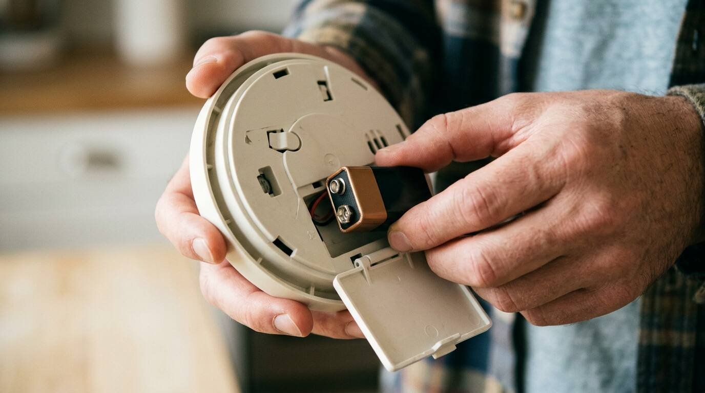 Hand replacing a nine-volt battery in a smoke alarm