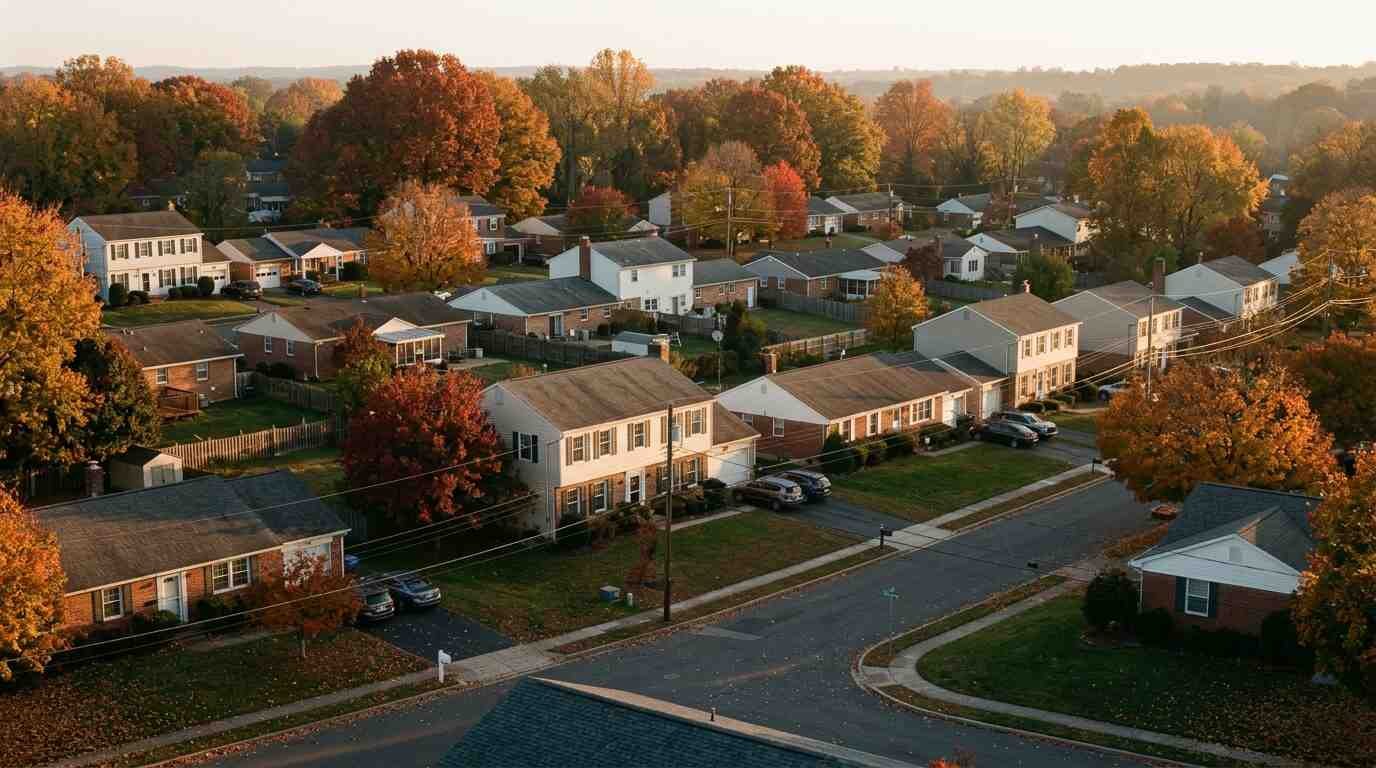 A residential neighborhood seen from above at golden hour with colonial and ranch style homes among autumn trees