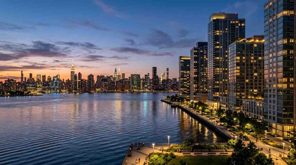 Residential towers on the Long Island City waterfront at dusk