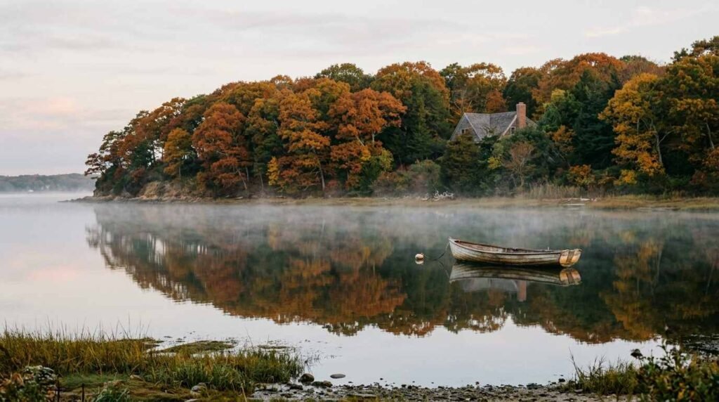 Rowboat at a mooring in a misty North Shore harbor at morning
