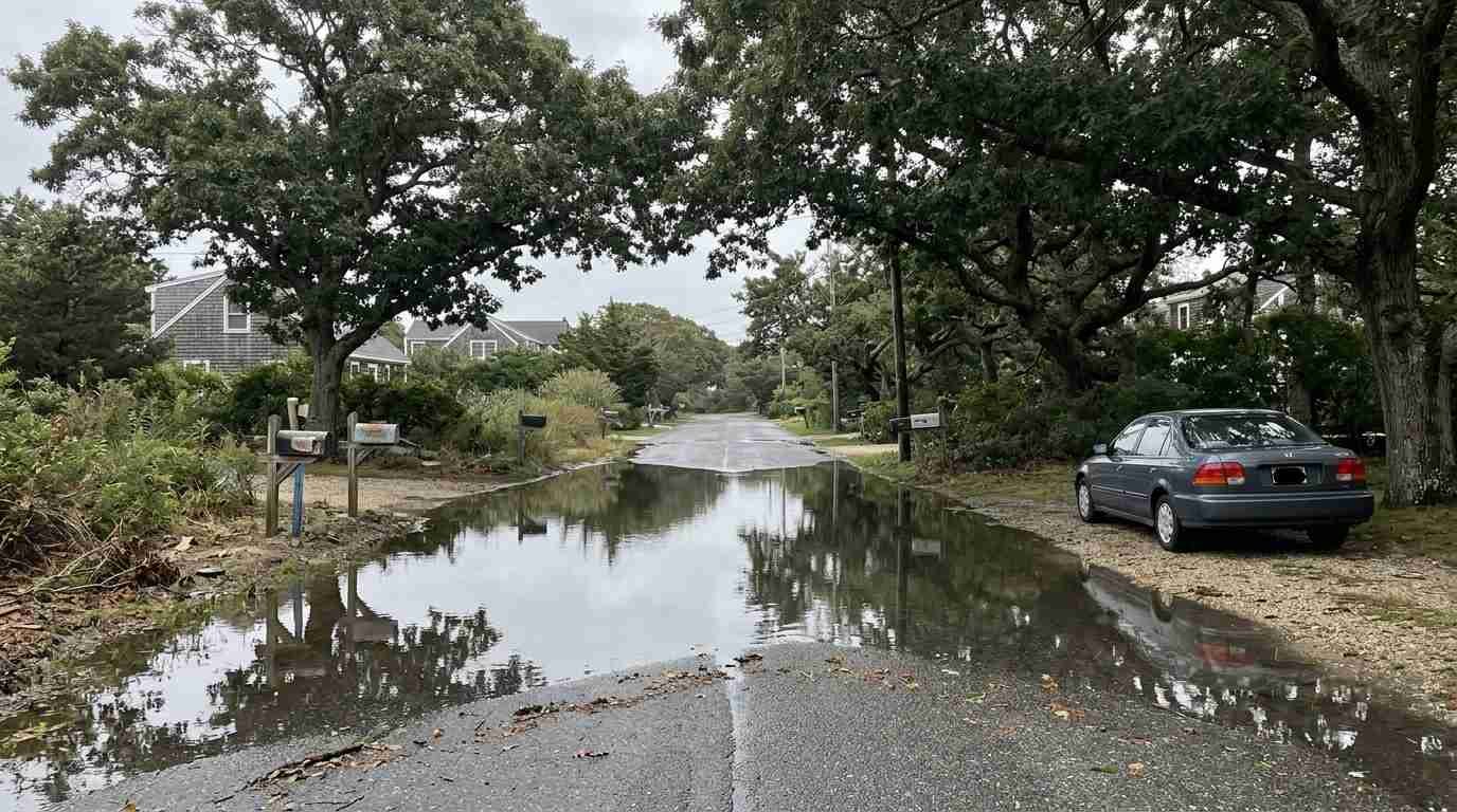 Residential lane with shallow water at high tide