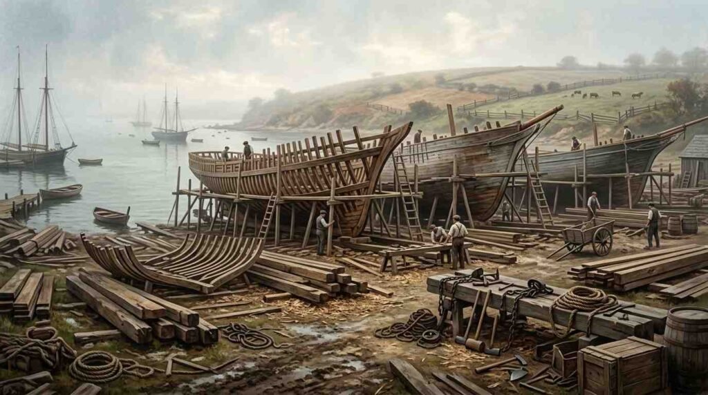 Wooden schooner hulls on shipyard stocks in a 19th-century Long Island harbor