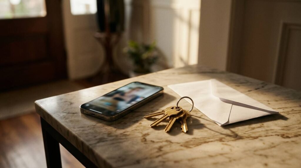 Smartphone, brass apartment keys and an unopened envelope on an entry table