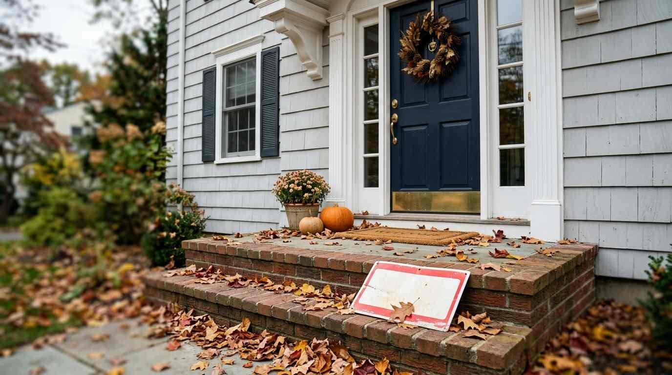 Sold sign lying on a porch step of a Long Island colonial home
