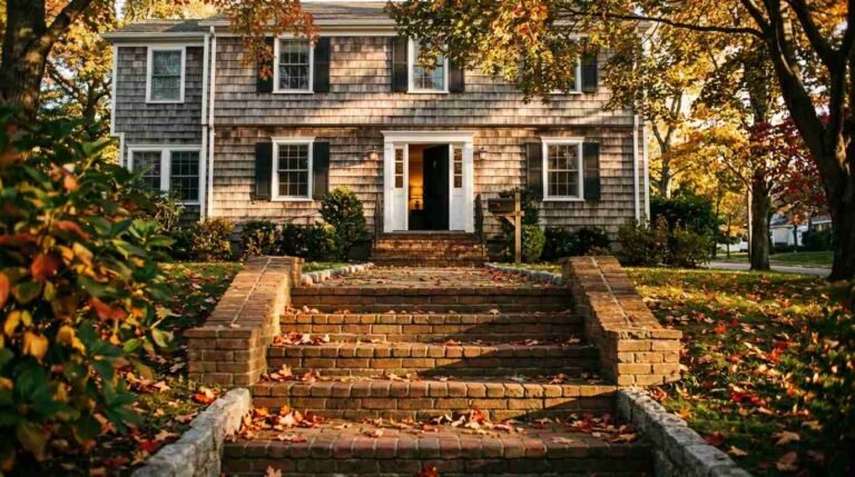 Staircase leading to colonial home