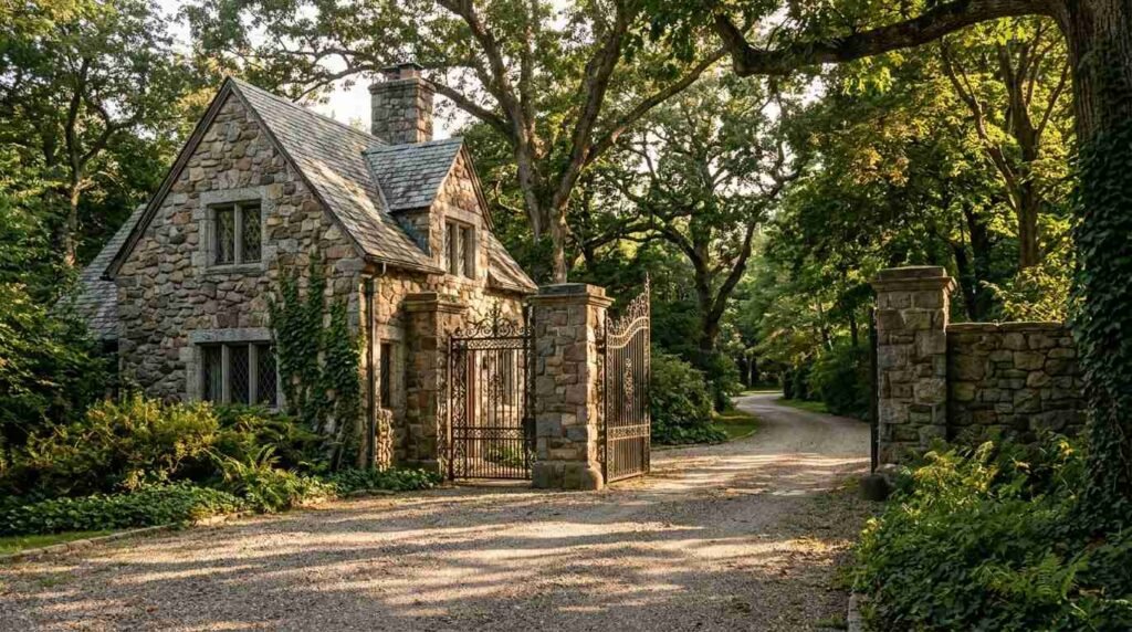 Stone gatehouse beside wrought-iron gates at a North Shore estate entrance