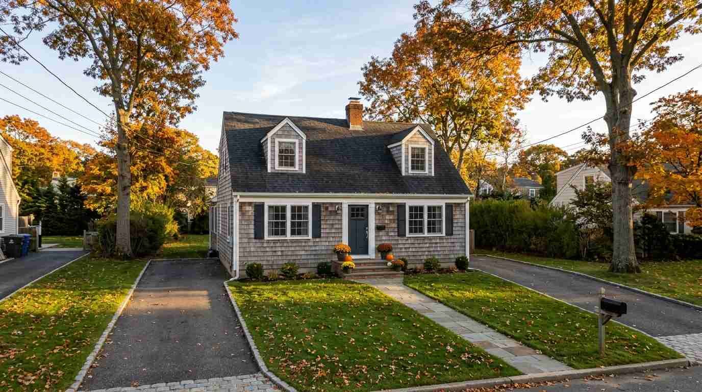 Cape-style Long Island house with a tidy lawn in autumn light