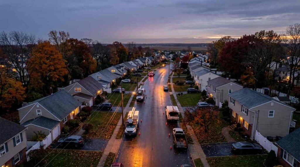 Suburban Long Island street in fall at dusk