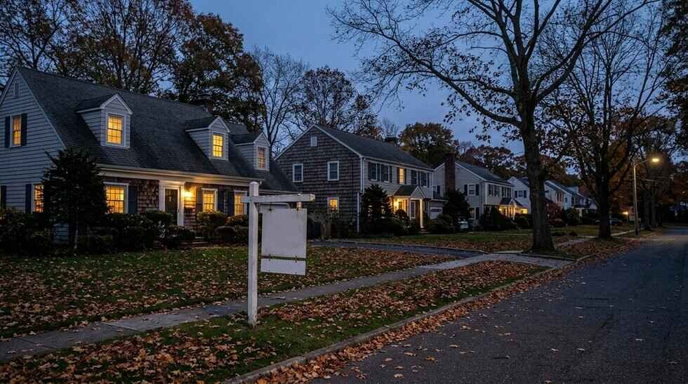 A suburban North Shore Long Island street at dusk in autumn with lit colonial houses and a blank for-sale sign