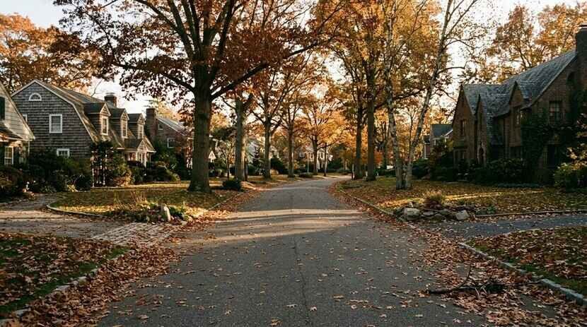 A quiet tree-lined suburban street covered with fallen autumn leaves at golden hour