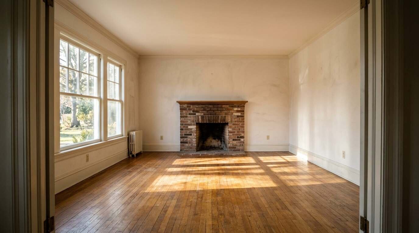 A sunlit empty living room with hardwood floors, large windows and a brick fireplace