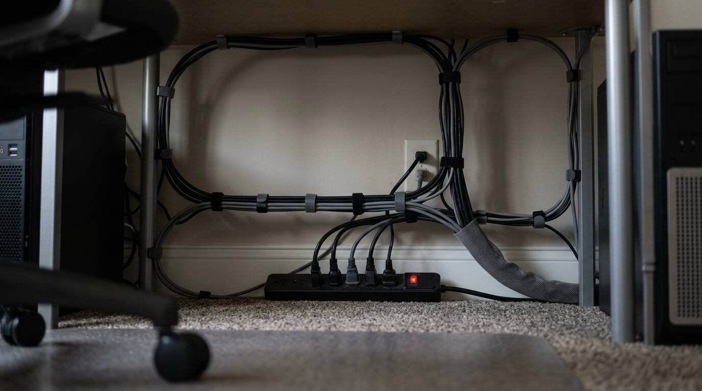 Surge protector and tidy cables under a desk