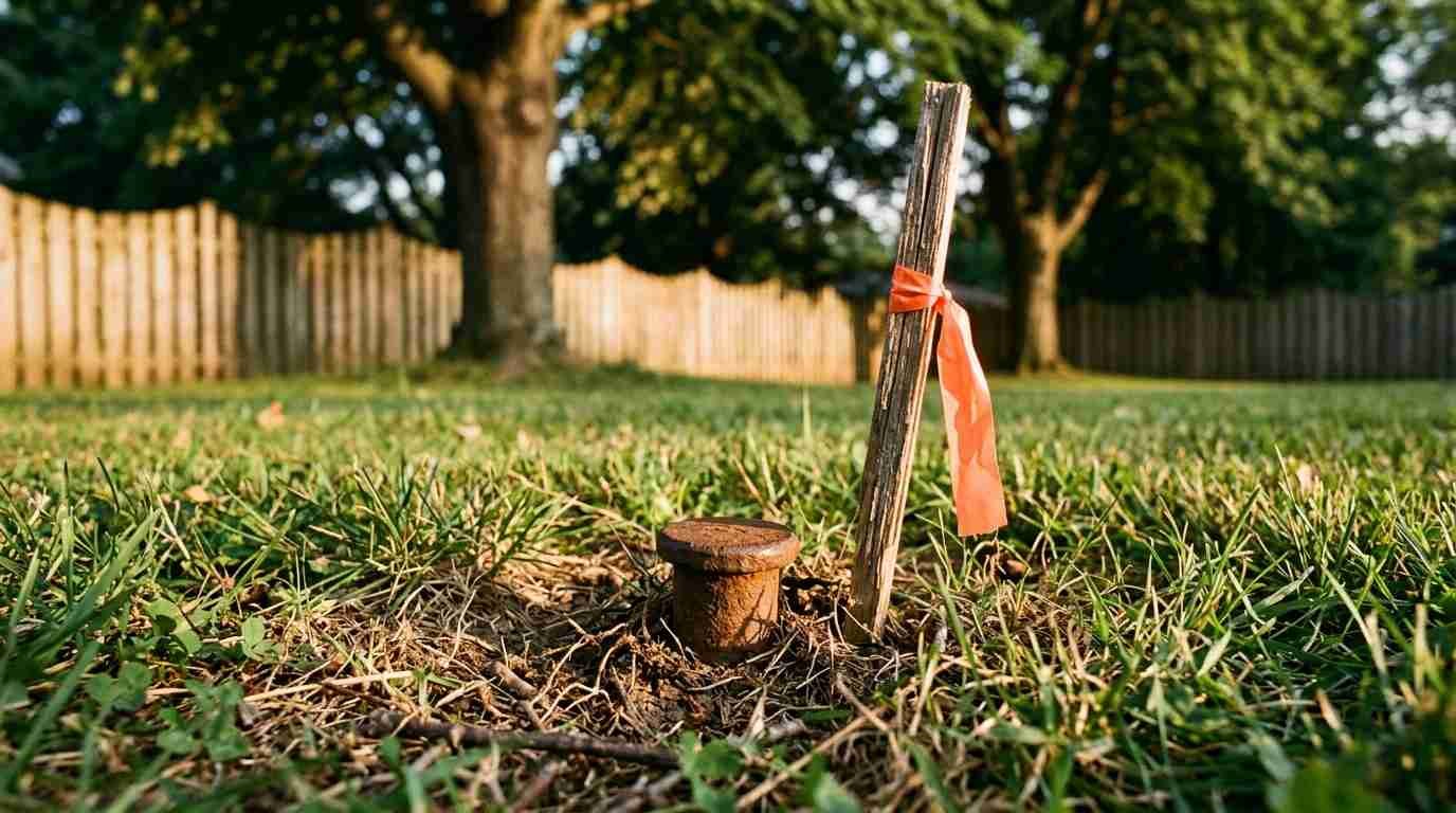 Iron survey pin set in a lawn with orange flagging tape