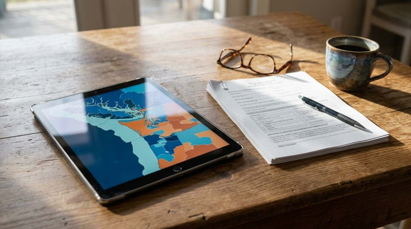 Tablet showing an abstract coastal flood map beside closing papers