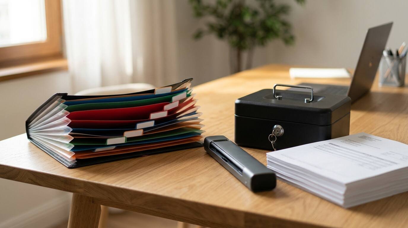 Home-office desk with accordion file and document scanner