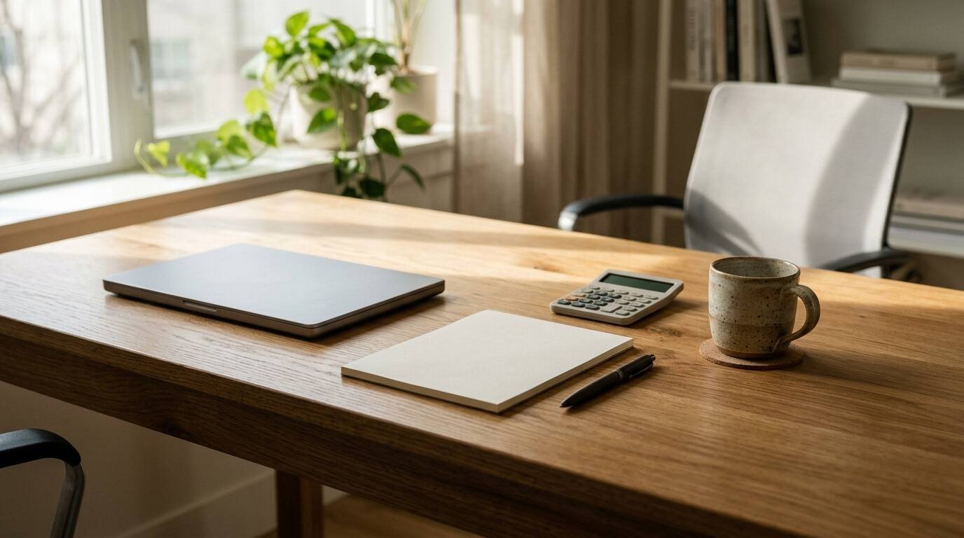 A tidy wooden desk with a closed laptop, blank notepad, pen, calculator and mug in window light