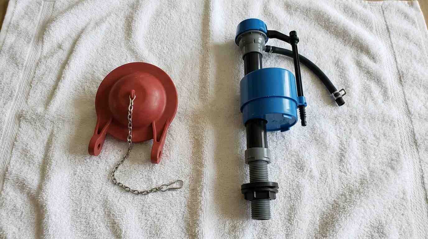 New flapper and fill valve on a white towel